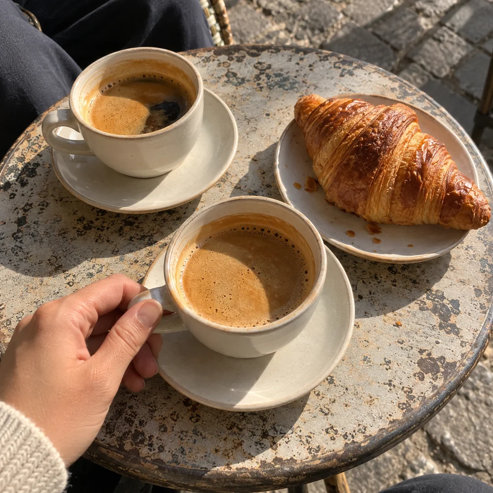 Two coffees and a croissant